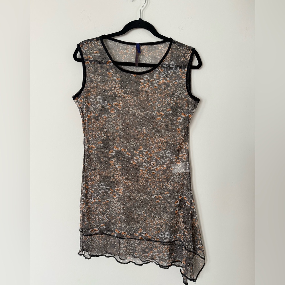 Vintage Y2K Double Jeu France Mesh Asymmetrical Floral Print Top